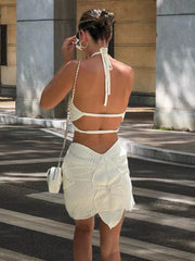 slim sexy halter neck hollow waist knitted irregular dress