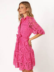 Sexy Hollow Lace Flower Mid-Sleeve Commuter Button Shirt Dress