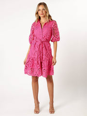 Sexy Hollow Lace Flower Mid-Sleeve Commuter Button Shirt Dress