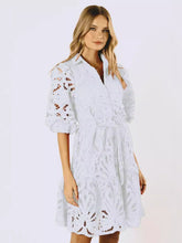 Sexy Hollow Lace Flower Mid-Sleeve Commuter Button Shirt Dress