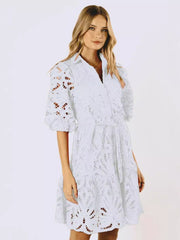 Sexy Hollow Lace Flower Mid-Sleeve Commuter Button Shirt Dress