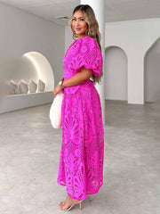 V-neck sexy waist slim fit hollow embroidery dress