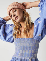 style casual trumpet sleeves embroidered square collar sunflower swing blue dress