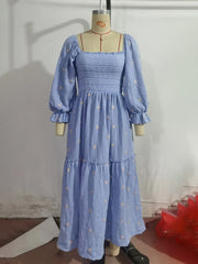 style casual trumpet sleeves embroidered square collar sunflower swing blue dress