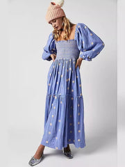 style casual trumpet sleeves embroidered square collar sunflower swing blue dress