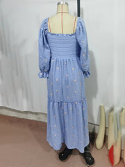style casual trumpet sleeves embroidered square collar sunflower swing blue dress