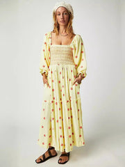 casual embroidered square collar sunflower light yellow dress