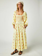 casual embroidered square collar sunflower light yellow dress