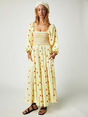 casual embroidered square collar sunflower light yellow dress