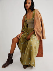 style casual embroidered square collar sunflower green dress