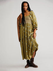 style casual embroidered square collar sunflower green dress