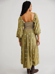 style casual embroidered square collar sunflower green dress