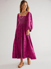 casual embroidered square collar sunflower rose red dress