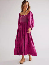 casual embroidered square collar sunflower rose red dress