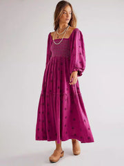 casual embroidered square collar sunflower rose red dress