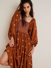 Casual Embroidered Square Neck Sunflower Brown Dress