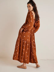 Casual Embroidered Square Neck Sunflower Brown Dress