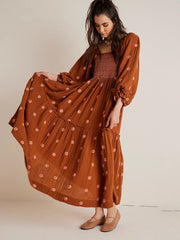 Casual Embroidered Square Neck Sunflower Brown Dress