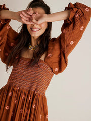 Casual Embroidered Square Neck Sunflower Brown Dress