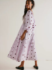 casual embroidered square collar sunflower light purple dress