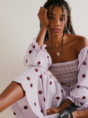 casual embroidered square collar sunflower light purple dress