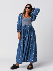 casual embroidered square collar white sunflower dark blue dress