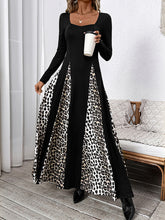 leopard print stitching retro high waist long sleeve wide leg dress