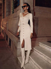 Long Sleeve Knitted Dress Button Slit Hip Sweater Cardigan Dress