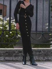 Long Sleeve Knitted Dress Button Slit Hip Sweater Cardigan Dress