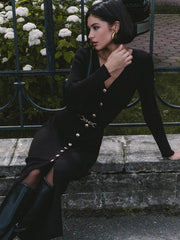 Long Sleeve Knitted Dress Button Slit Hip Sweater Cardigan Dress