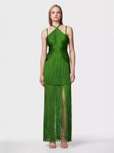 green halter neck maxi dress with fringe hem for dinner party Dress