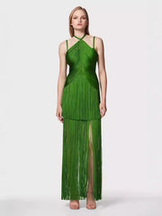 green halter neck maxi dress with fringe hem for dinner party Dress