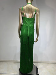 green halter neck maxi dress with fringe hem for dinner party Dress