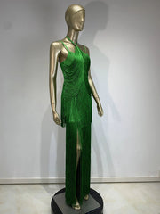 green halter neck maxi dress with fringe hem for dinner party Dress