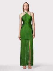 green halter neck maxi dress with fringe hem for dinner party Dress