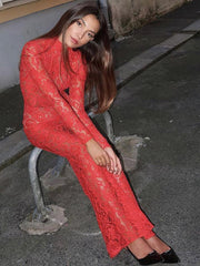 sexy hollow lace pattern see-through dress