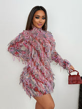 street style long sleeve striped tassel high waist dress