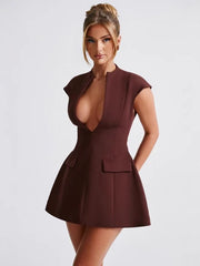 solid color pocket sleeveless sexy V-neck high waist short dress