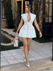 solid color pocket sleeveless sexy V-neck high waist short dress