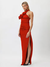 style ribbon flower halter neck long dress sleeveless dress