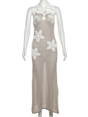 Elegant Knit Hollow Sleeveless Halter Neck Tie Dress