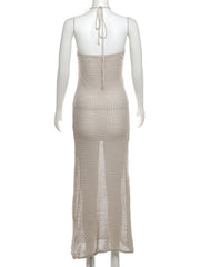 Elegant Knit Hollow Sleeveless Halter Neck Tie Dress