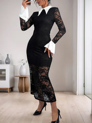 lace stitching dress black and white contrast high-end elegant slim dress