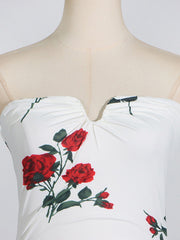 Year Christmas three-dimensional fishbone slim tube top dress rose print pleated design dress