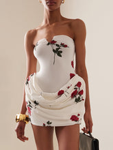 Year Christmas three-dimensional fishbone slim tube top dress rose print pleated design dress