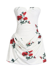 Year Christmas three-dimensional fishbone slim tube top dress rose print pleated design dress