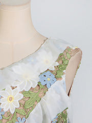 Slanted Shoulder Sleeveless Embroidered Mesh Ruffle Dress