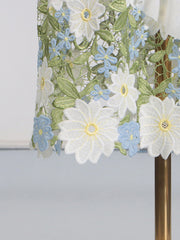 Slanted Shoulder Sleeveless Embroidered Mesh Ruffle Dress