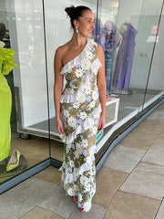 Slanted Shoulder Sleeveless Embroidered Mesh Ruffle Dress