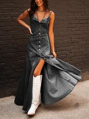 retro cotton denim washed distressed suspenders slim fit buttoned long swing dress
